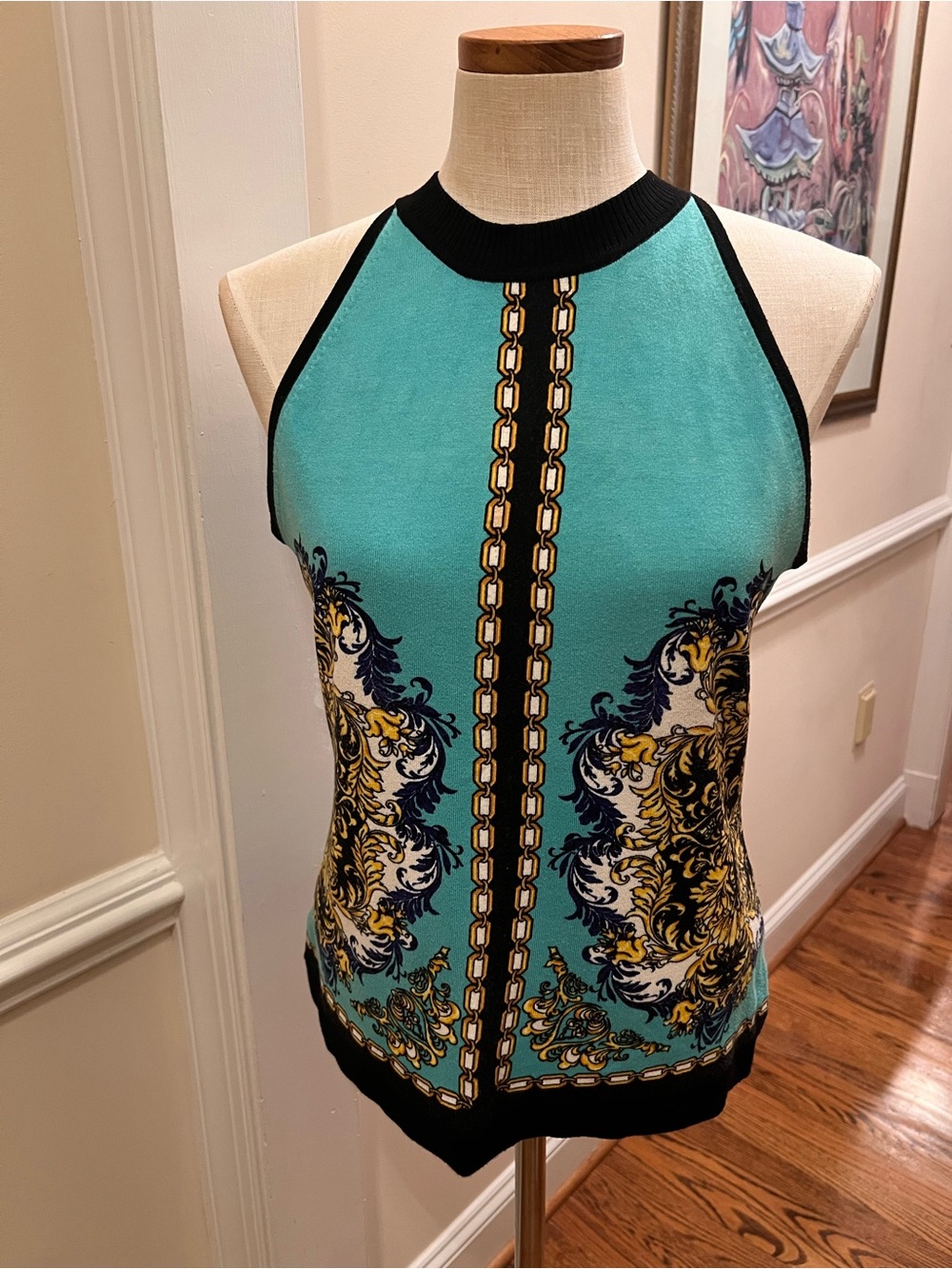 Cache Teal Halter Tank with Navy and Gold Baroque Print